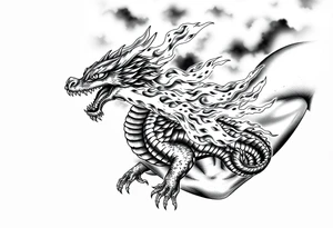 fierce dragon breathing iridescent fire against stormy skies tattoo idea