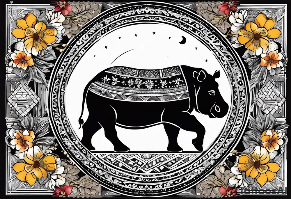 A foot long 2.5inches wide portrait orientation tattoo, containing a detailed hippo head with tribal patterns in the middle, a full moon on the upper side, and some wintersweet flowwer on the bottom side, these three components are connected with arches, lines, little geometric patterns, the lines will ne fine and narrow tattoo idea