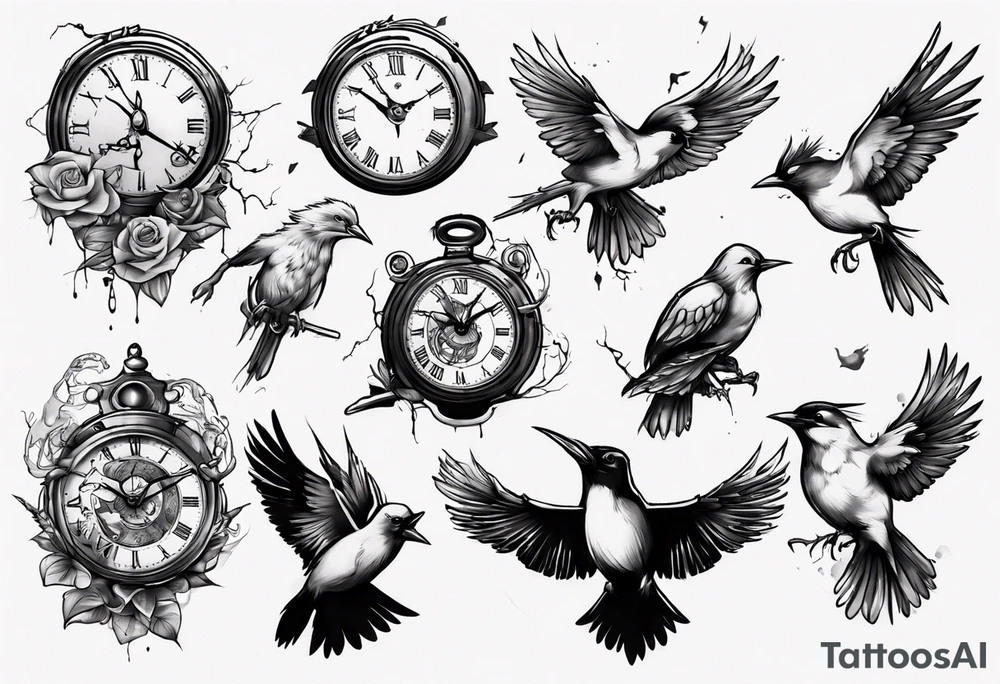 clock breaks into birds tattoo idea