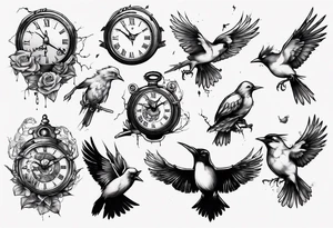 clock breaks into birds tattoo idea