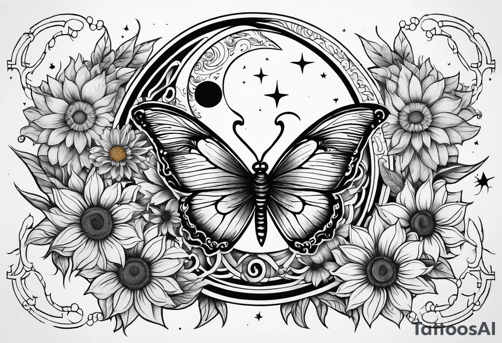 Zodiac sign Cancer, moon, sunflower, flowers, fairy, love, kind, fierce, sun, caring, butterfly, stars tattoo idea