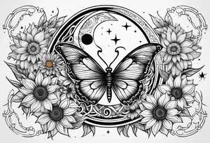 Zodiac sign Cancer, moon, sunflower, flowers, fairy, love, kind, fierce, sun, caring, butterfly, stars tattoo idea