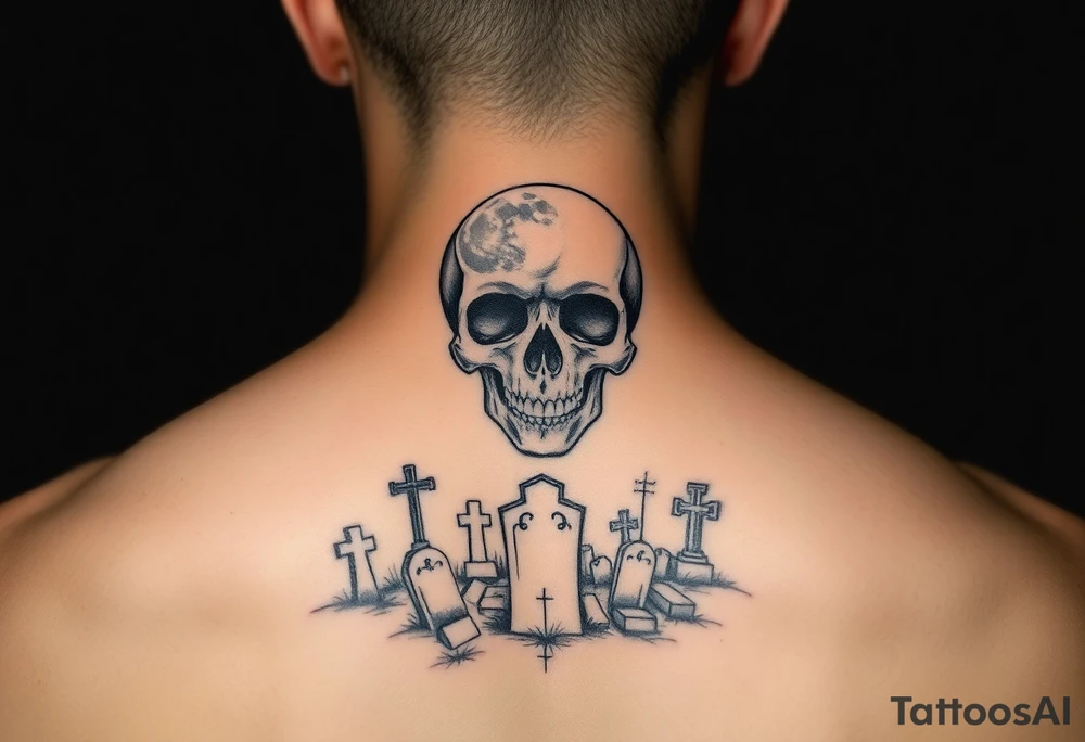 Full moon morphed with a skull shining above an eerie cemetery tattoo idea
