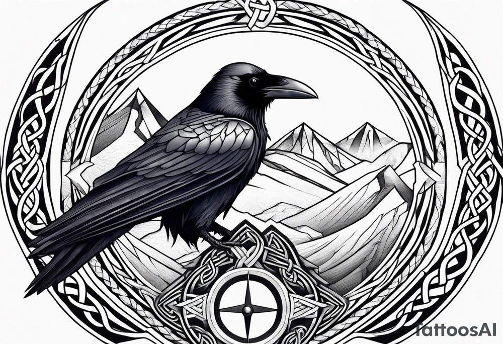 Raven head with Celtic compass and mountain tattoo idea