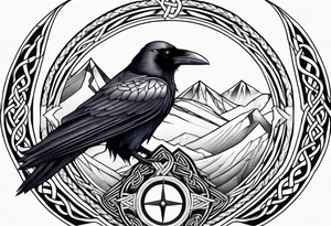 Raven head with Celtic compass and mountain tattoo idea