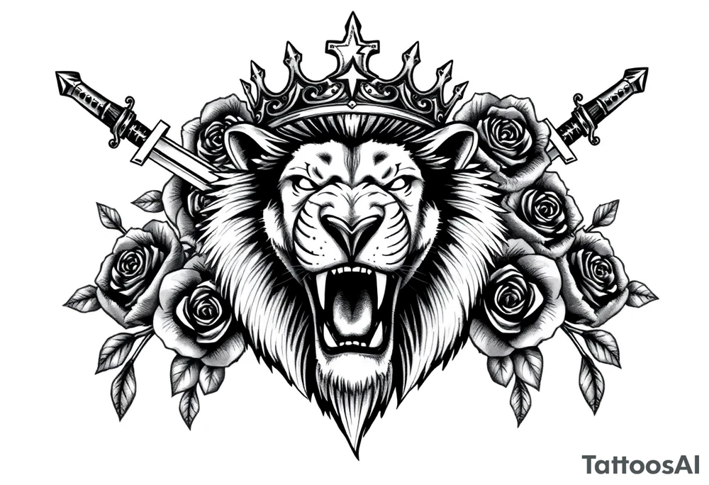 Fierce lion roaring, regal crown tilted, crossed swords framing its mane, dark roses. tattoo idea