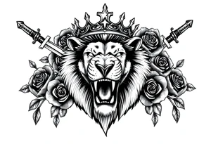 Fierce lion roaring, regal crown tilted, crossed swords framing its mane, dark roses. tattoo idea