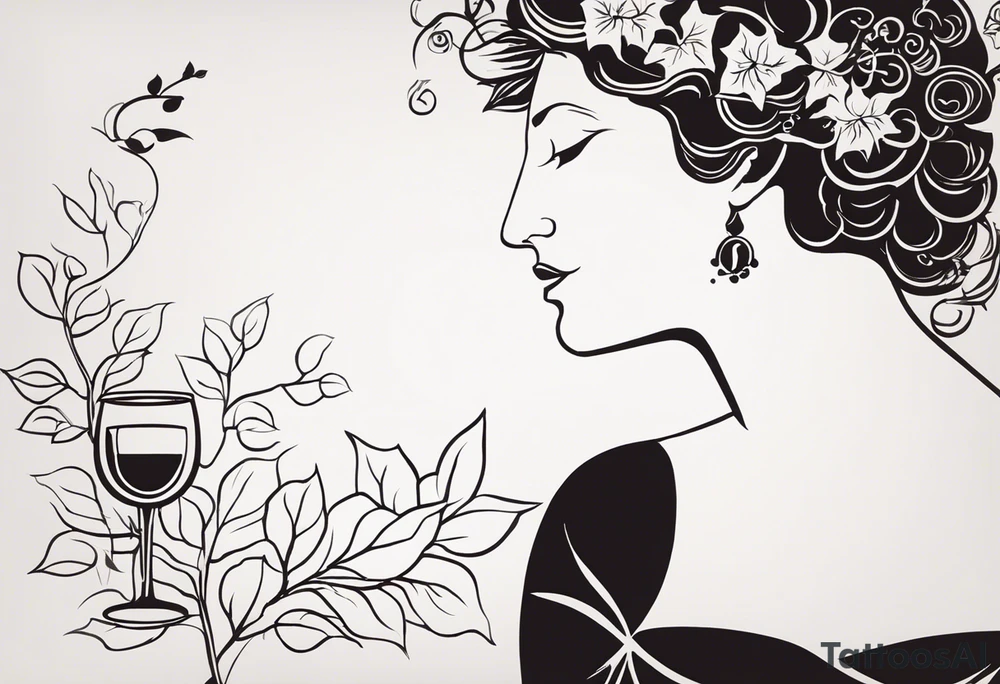 "Design a minimalist tattoo featuring Dionysus, incorporating his connection with both wine and theater. Consider a clean and elegant portrayal of Dionysus holding a theatrical mask in one hand and a goblet of wine in the other, symbolizing his dual domains of revelry and drama. Surround him with subtle elements like grapevines or ivy leaves to further emphasize his association with wine. Ensure the design maintains a minimalist aesthetic while capturing Dionysus's affection for theater, seamlessly blending his attributes in a visually compelling way." tattoo idea