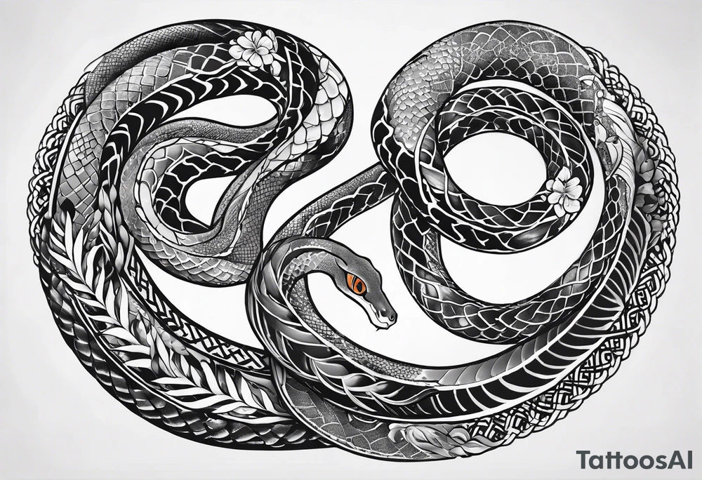 Long Double head snake tattoo for placement along the spine in japanese style to symbolise a journey of healing and transformation with reference to being a twin tattoo idea