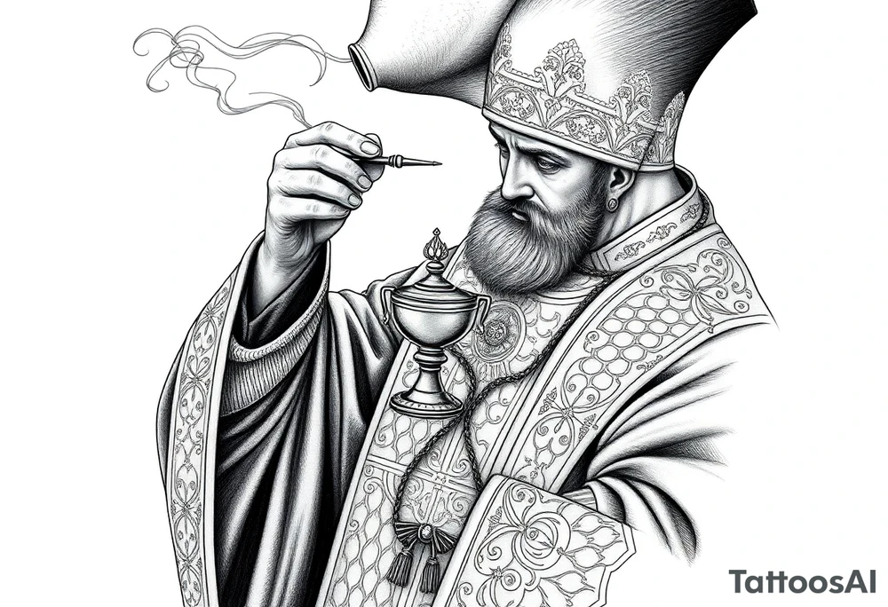 A Russian Orthodox Priest in full gold vestments swinging a censer with smoke curling upward 

The ornate robes give incredible fine line detail
The incense smoke could flow and connect to other elements
It ties directly into the church and Virgin Mary you already have
Very culturally authentic to the overall theme tattoo idea