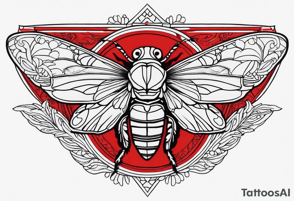 cicada on top of red greek design tattoo idea