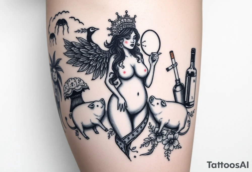 Storm clouds seven deadly sins and sexy naked fat woman, peacock, money ,pig , cigerette, cake, liquor bottle , sex, mirror tattoo idea