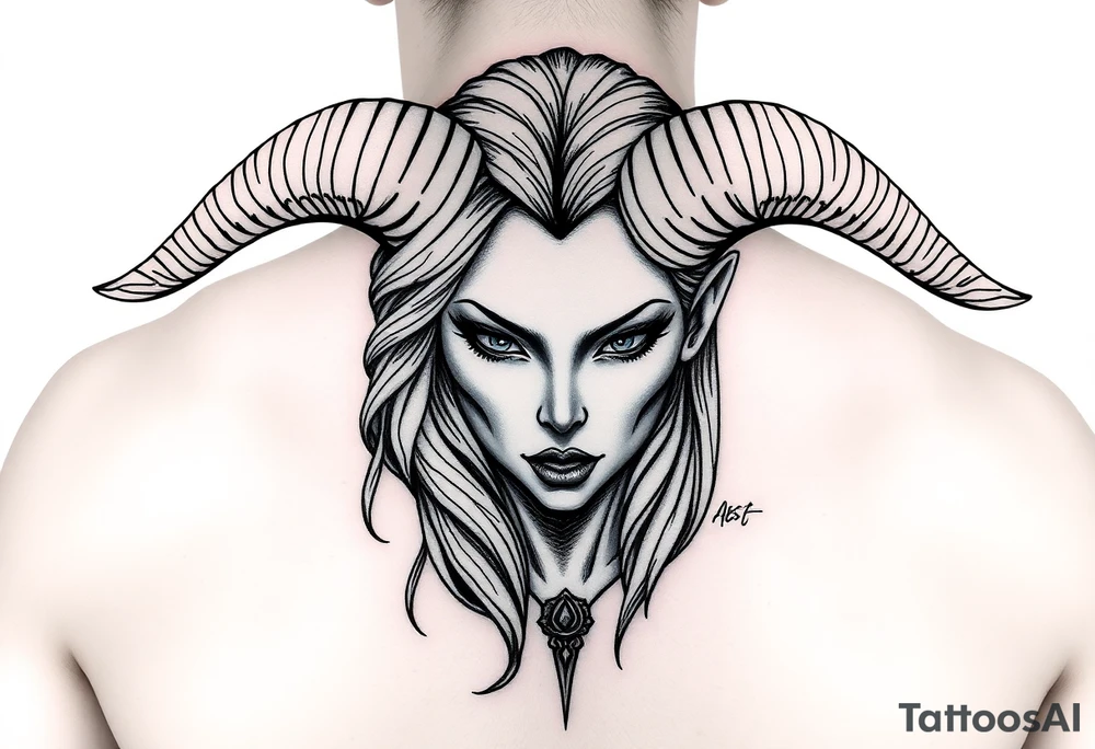 Powerful beautiful goddess being, with long ram like horns,seductive like tattoo idea