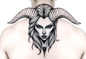 Powerful beautiful goddess being, with long ram like horns,seductive like tattoo idea