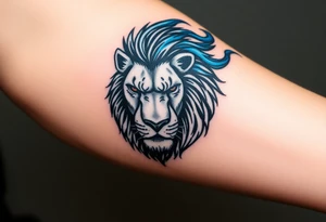 Powerful, fierce stoic lions head, whose mane turns into blue flames that swirl up my arm with blue embers tattoo idea