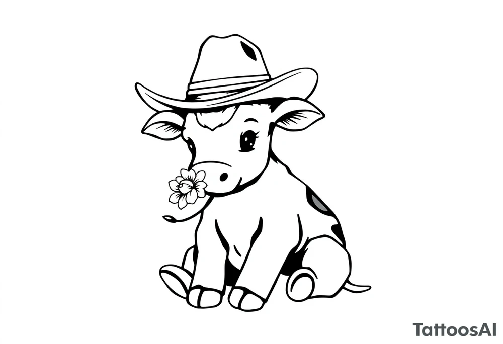 cute black and white baby cow sitting wearing a cowboy hat with a flower in mouth tattoo idea