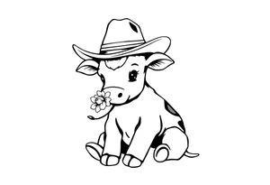 cute black and white baby cow sitting wearing a cowboy hat with a flower in mouth tattoo idea