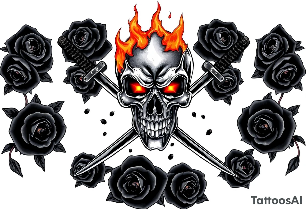 A skull burning intensely, katanas crossed, surrounded by falling dark roses. tattoo idea