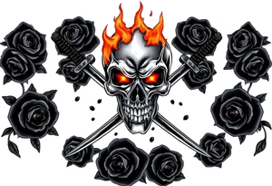A skull burning intensely, katanas crossed, surrounded by falling dark roses. tattoo idea