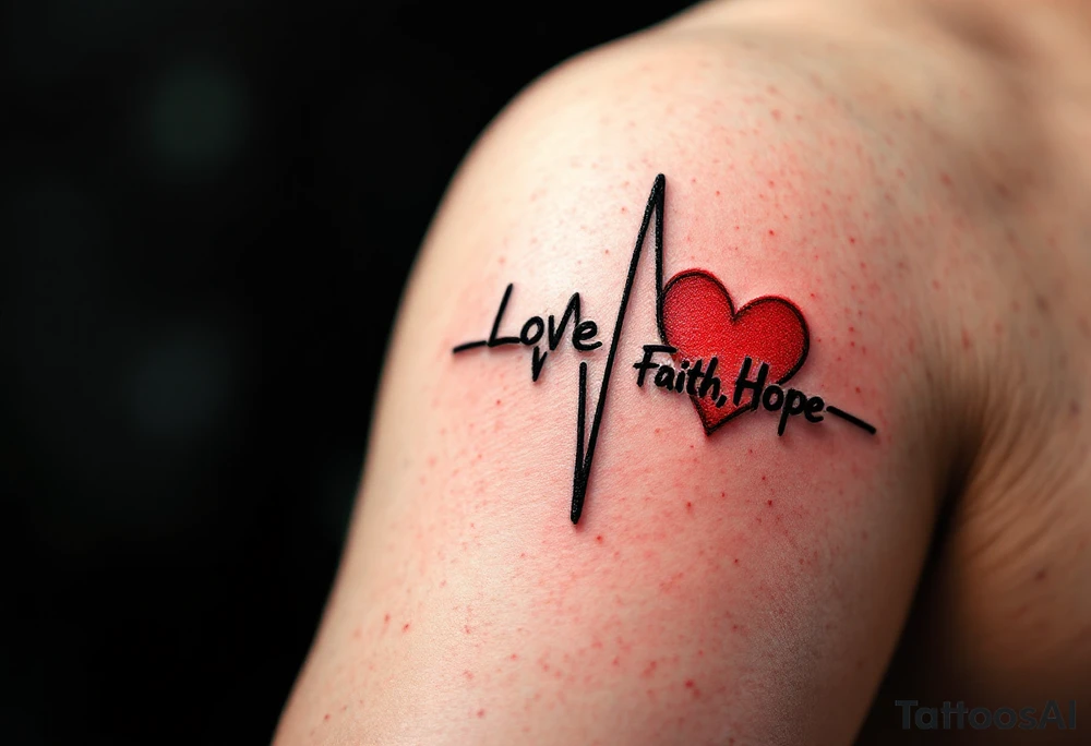 "Love, Faith, Hope" formed by a single black line connecting into a heartbeat waveform with red accents. tattoo idea