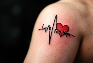 "Love, Faith, Hope" formed by a single black line connecting into a heartbeat waveform with red accents. tattoo idea