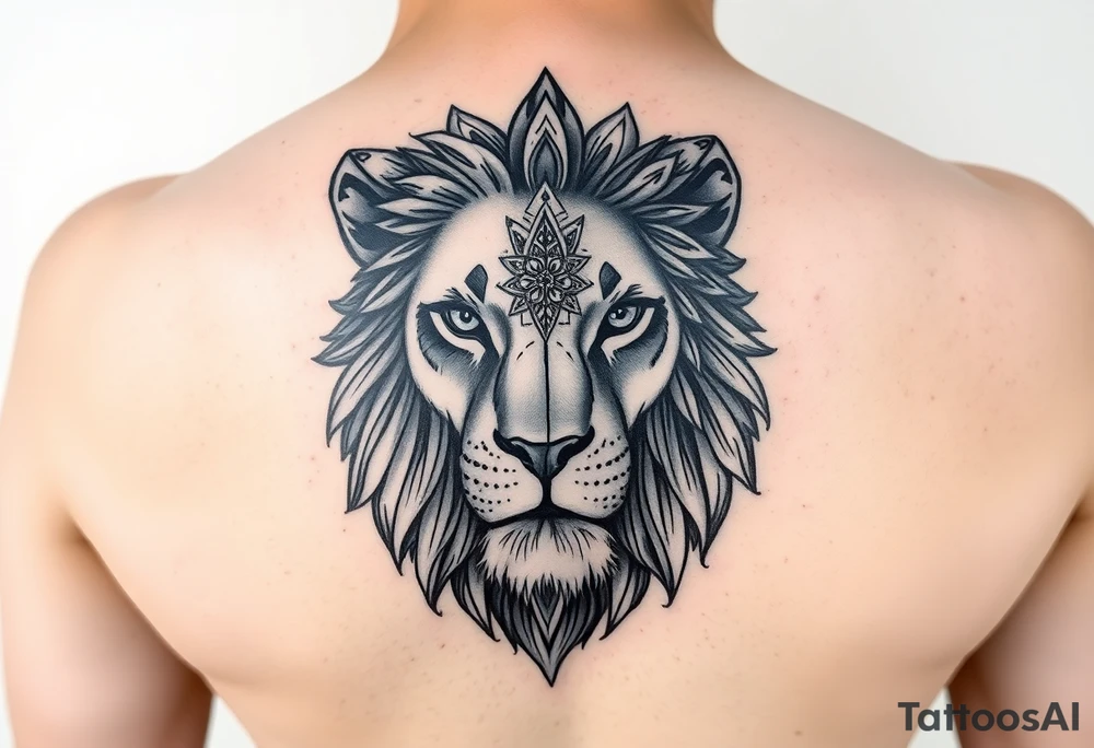 a female lion with no mane. A line going down the middle of her face and 1 side is a realistic lionses face, and the other half of the face is made up of mandalas tattoo idea
