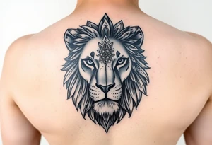 a female lion with no mane. A line going down the middle of her face and 1 side is a realistic lionses face, and the other half of the face is made up of mandalas tattoo idea