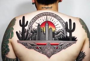 Crest with a hood on top,
13 rays of red and weld-yellow on the top half. NYC sky line
a cactus on the left side and a royal palm on the right side tattoo idea