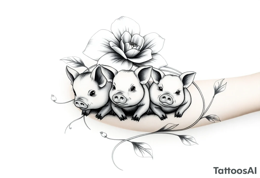 3 little piggy's hiding under a flower tattoo idea
