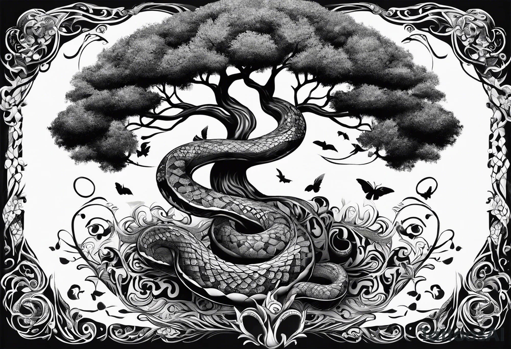 ARBRE DE VIE QUI SE TRANFORME EN SERPENT DANS LE STYLE DISNEY tattoo idea