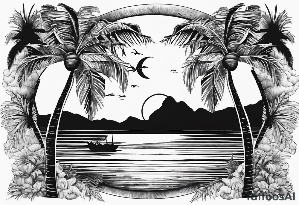Circle: Sunset on beach palm trees tattoo idea