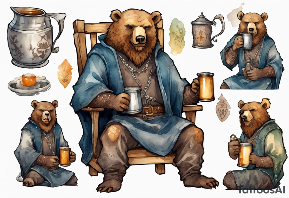 a medieval bear-human hybrid with a long beard wearing a tunic and coif and drinking from a pewter mug in a tavern, sitting in a chair, smiling tattoo idea