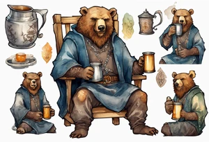 a medieval bear-human hybrid with a long beard wearing a tunic and coif and drinking from a pewter mug in a tavern, sitting in a chair, smiling tattoo idea
