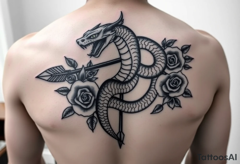 snake with bow and arrow with dragon around chest and have roses as background
, tattoo idea