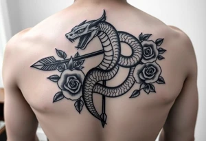 snake with bow and arrow with dragon around chest and have roses as background
, tattoo idea