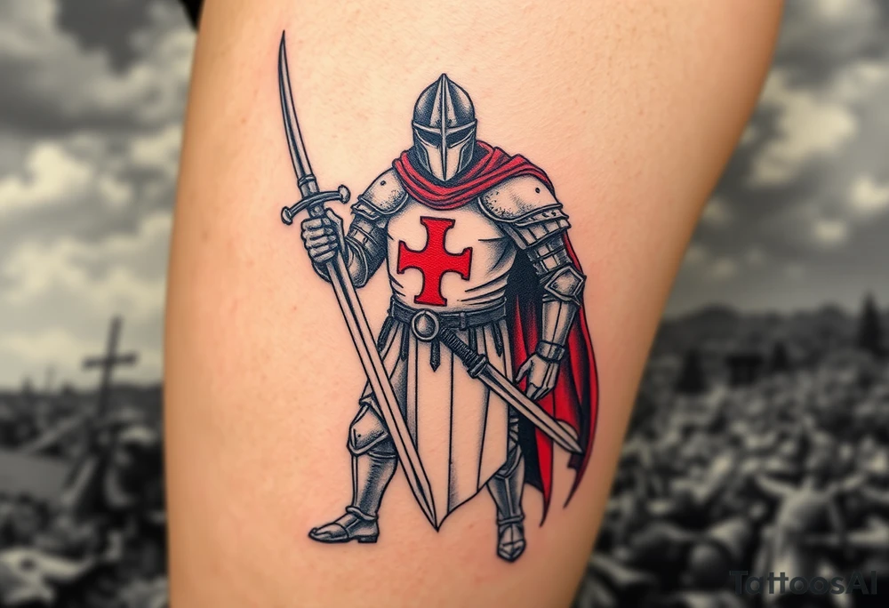 A fierce Templar knight in full armor, gripping a longsword, with a red cross emblazoned on his white tunic, standing against a stormy battlefield tattoo idea