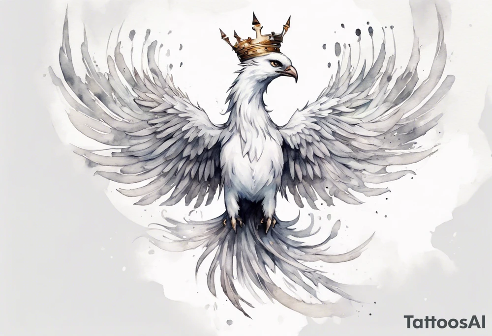 a white phoenix wearing a small crown, flying in the air tattoo idea
