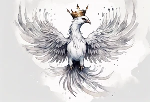 a white phoenix wearing a small crown, flying in the air tattoo idea