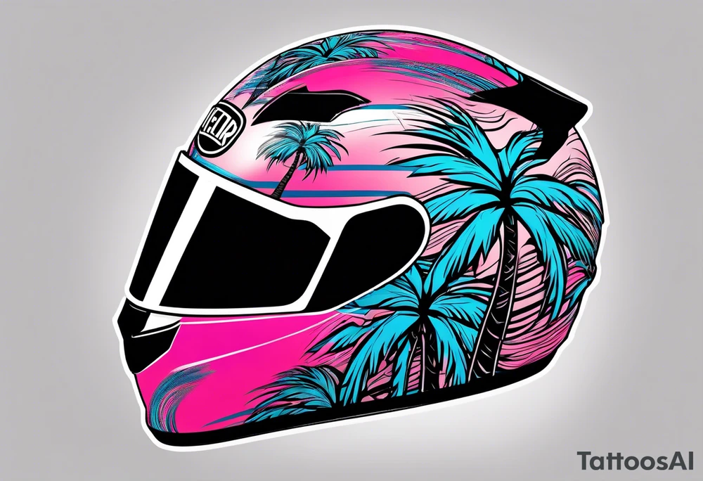 Formula 1 helment with a palm tree and black pink and light blue color tattoo idea