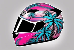 Formula 1 helment with a palm tree and black pink and light blue color tattoo idea