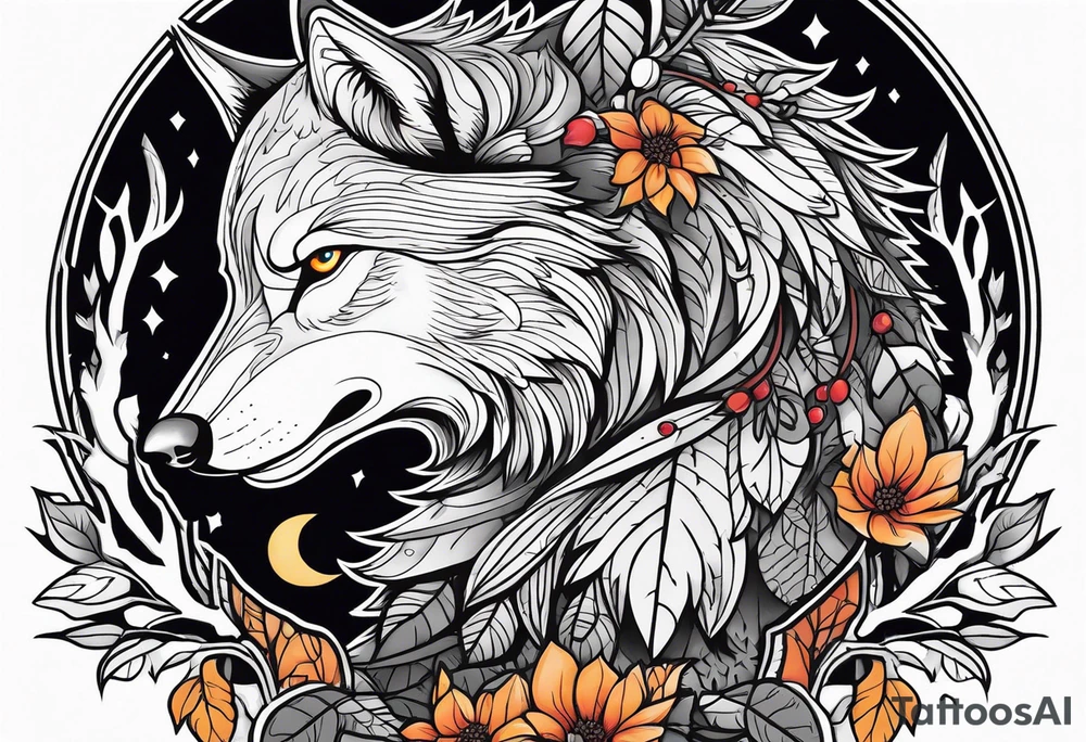 A powerful Wolf ist carrying a crow on His back
Background Woods and thorns tattoo idea