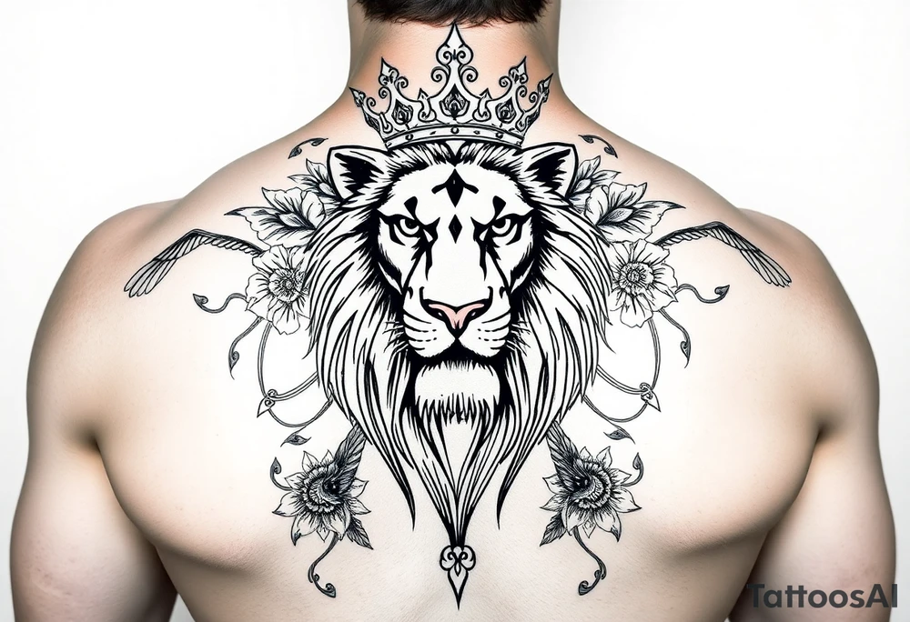 powerful majestic lion with a crown, surrounded by floral ornaments and birds tattoo idea