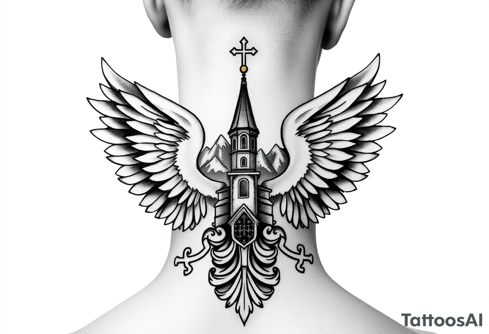 an actual russian coat of arms with both heads visible & wings spanning out on my back neck across on to my shoulders / traps with a orthodox christian church being visible in a mountainous sun beaming setting, with the russian orthodox cross spire of the orthodox church being visible on my neck with a sun beaming in the background that the cross sits inside tattoo idea