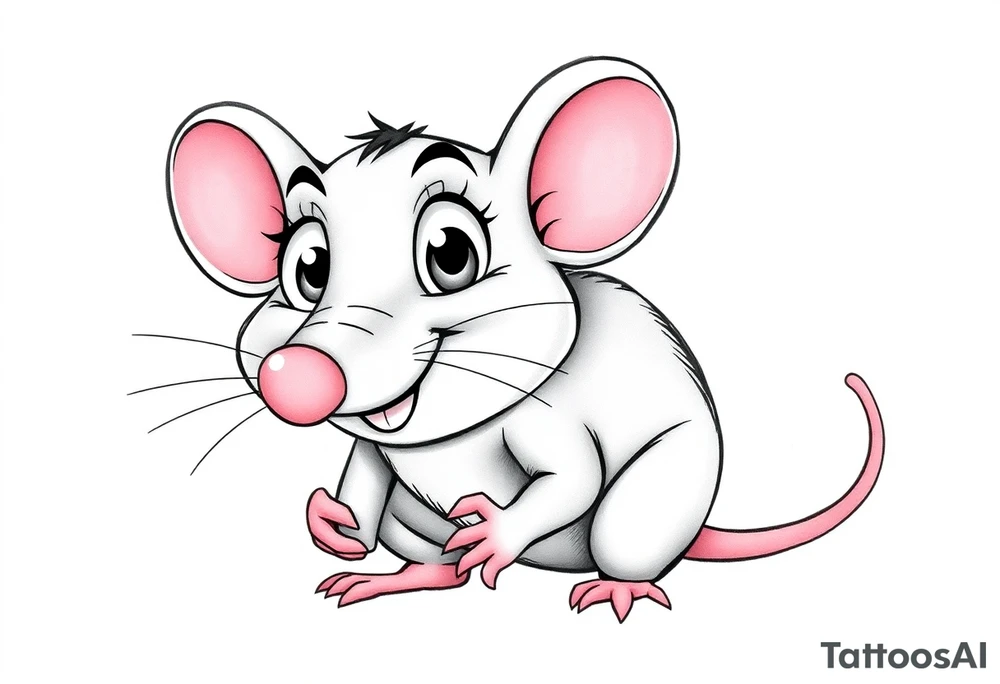 The image shows a cartoon rat with a long pointed nose, huge bulging eyes, and a cheeky, mischievous smile. The rat is grey with big pink ears and a thin pink tail visible on the right. Its little hands are held up close to its chest in a playful, sneaky pose. The expression makes the rat look funny, surprised, and a bit sly at the same time.

I want all his body..bigger nose, eyes poped out from the head + foots / i want the picture from the profile/side


the last two, that i putted to favorites, can you make them black & white ? tattoo idea
