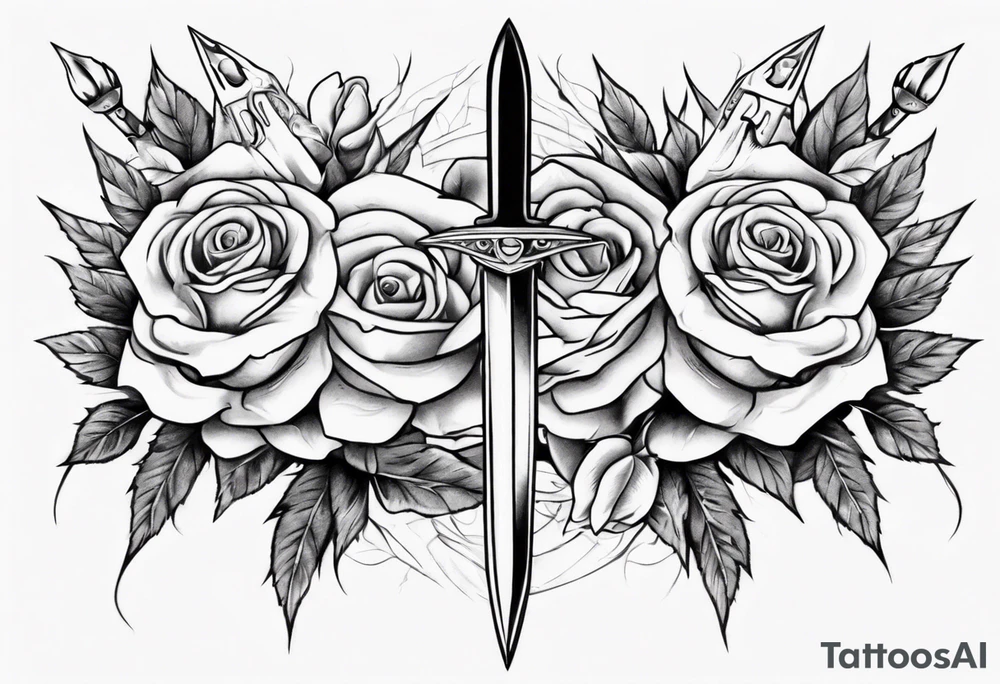 Dagger surrounded by roses tattoo idea