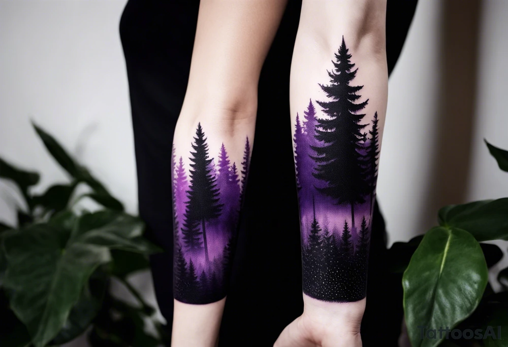 forest, purple and black, covered from wrist to forearm, fully covered, no borders, blackwork tattoo idea