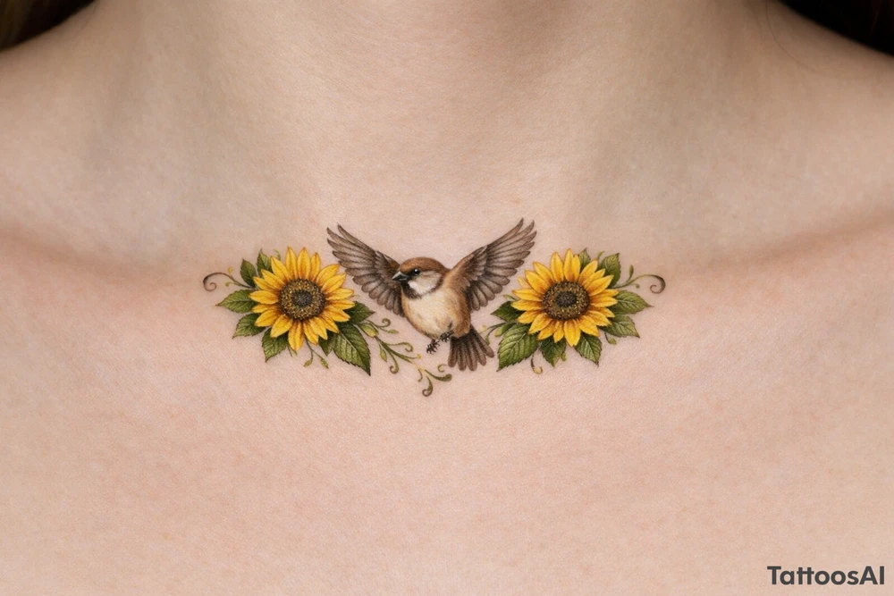 Realistic chest piece, multiple sunflowers, sparrow mid-flight, intricate detail. tattoo idea