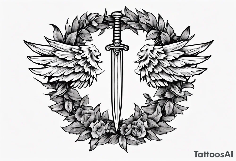 number 13, a laurel leaf wreath, and a sword going through the center of the wreath. Male angel 13 tattoo idea
