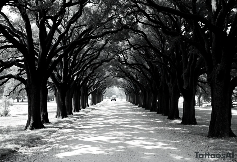 Tree lined dirt road. Road is rough, not smooth. Trees are oak, lining the road unevenly, tight so little light gets through. Branches arch across the road, some meeting in the middle. Dappled sunlight where it hits. Road gets smaller in the distance. Show on upper arm. tattoo idea