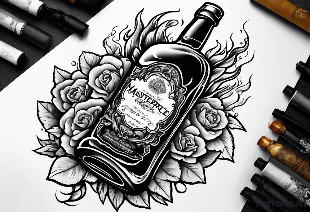 Flaming rag hanging out of whiskey bottle tattoo idea